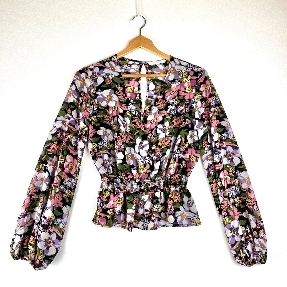 Wayf Floral V-neck Smocked Waist Blouse Office